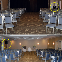 Ceremony setup in the Harbour Ballroom. Top: Sound system tucked away in the back corner. Bottom: speaker up front, well off to the side.